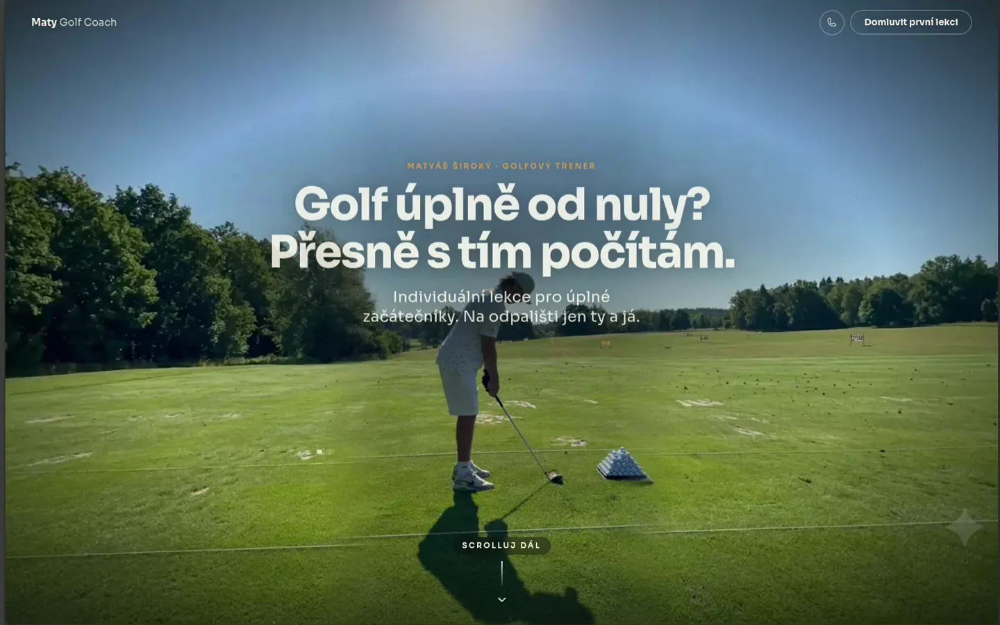 Úvodní stránka MatyGolfCoach se scroll-scrub hero sekvencí golfového švihu